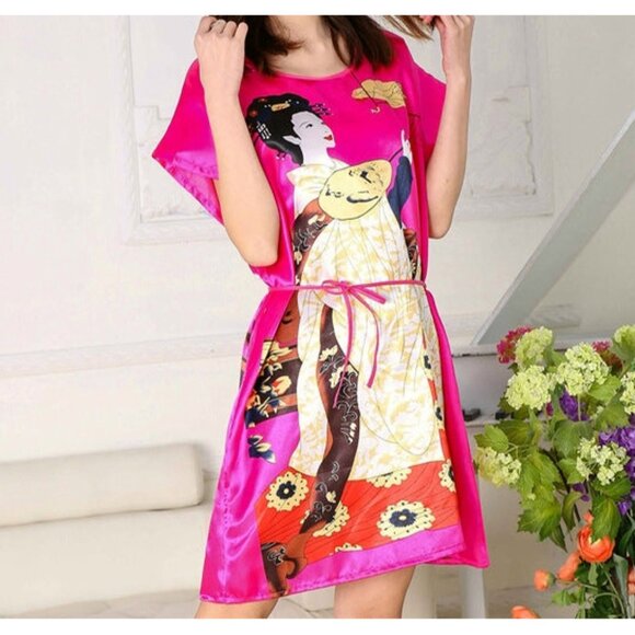 Fuchsia Asian Chinese Oriental Japanese Hot Pink Hanfu Shiny Satin Tunic Mini L - Picture 1 of 7